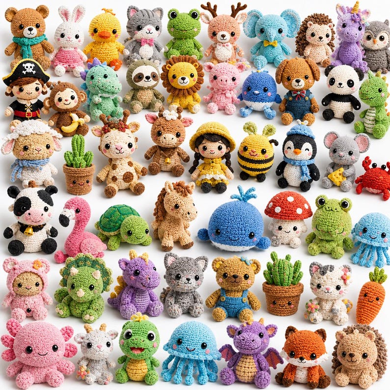 May include: A collection of colorful, handmade crochet amigurumi toys, including animals like bears, bunnies, and pandas, and other creatures. Each toy has unique details and expressions, showcasing a variety of colors and designs. The toys are arranged closely together.