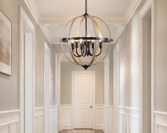 Farmhouse Chandelier 6 Light, Rustic Wood Orb Pendant, Kitchen Island Lighting, Dining Room, Adjustable Hanging 61-inch adjustable chain