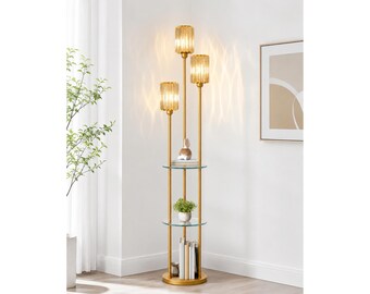 Modern Floor Lamp with Shelves, 3 Light Crystal Shade Standing Lamp, Tall Shelf Floor Lamp for Living Room Bedroom