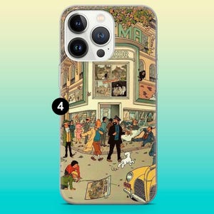 Op de afbeelding: Telefoonhoesje met een kleurrijke illustratie van een straatbeeld met stripfiguren, een gele auto en een gebouw met het woord "XOR". De hoes heeft een transparante rand en een glanzende afwerking.