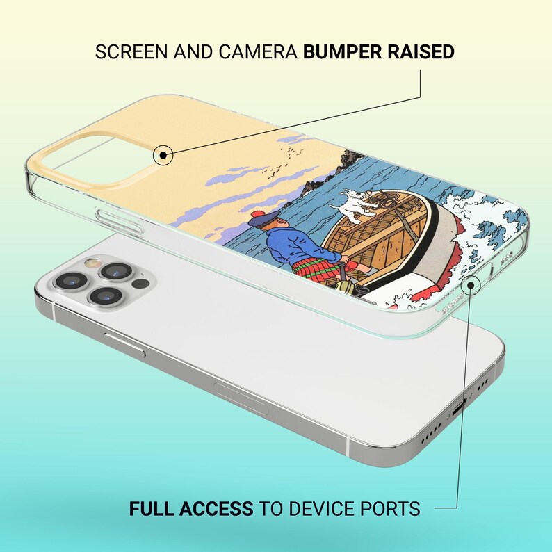 Op de afbeelding: Transparante telefoonhoes met een kleurrijke illustratie van een persoon in een boot op het water. De tekst "SCREEN AND CAMERA BUMPER RAISED" en "FULL ACCESS TO DEVICE PORTS" is zichtbaar.