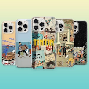 Op de afbeelding: Vijf telefoonhoesjes met illustraties uit de Tintin-stripreeks. De hoesjes tonen sc&egrave;nes met personages, landschappen en boekomslagen. De hoesjes hebben een helder ontwerp dat de kleurrijke kunstwerken beschermt.