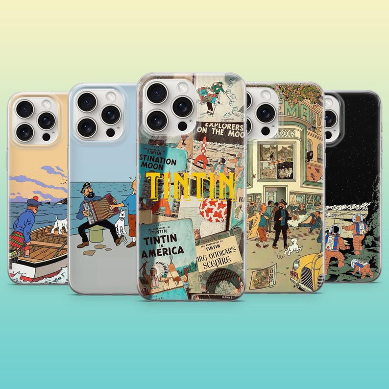 Op de afbeelding: Vijf telefoonhoesjes met illustraties uit de Tintin-stripreeks. De hoesjes tonen sc&egrave;nes met personages, landschappen en boekomslagen. De hoesjes hebben een helder ontwerp dat de kleurrijke kunstwerken beschermt.