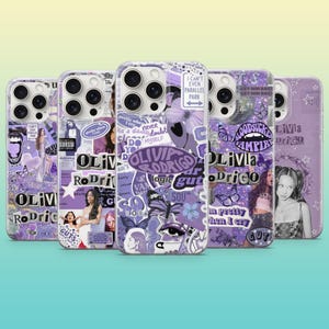Könnte beinhalten: Eine Sammlung von fünf Handyhüllen mit einem lila-weißen Collage-Design. Die Hüllen zeigen Bilder von Olivia Rodrigo, Schmetterlingen und Texten wie "GUTS" und "SOUR". Die Hüllen sind für ein Smartphone konzipiert.