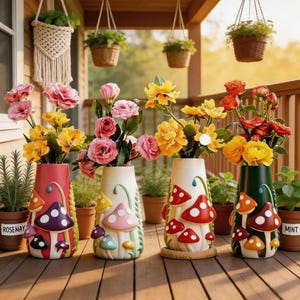May include: Four decorative vases with mushroom designs, each holding colourful flowers, including pink roses and yellow blooms. The vases are red, white, and green. The scene is set on a wooden deck, with hanging baskets of plants in the background.