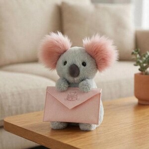 Puede incluir: Un koala de peluche con pelaje gris y grandes mechones de orejas rosas, sosteniendo un sobre rosa. El koala tiene una nariz marrón oscuro y ojos negros. El sobre tiene un pequeño diseño en relieve. El peluche está sobre una mesa de madera.