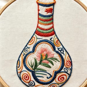 Könnte beinhalten: Eine handgestickte Darstellung auf cremefarbenem Stoff in Form einer Vase mit einem zentralen Blumenmotiv in Rosa und Grün. Die Vase ist dunkelblau umrandet und mit orangefarbenen, grünen und blauen Wirbeln sowie horizontalen Streifen verziert.