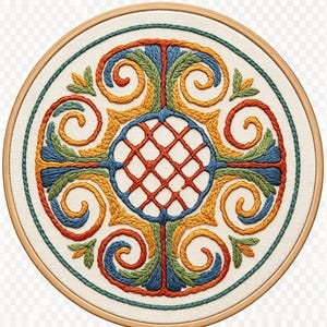 Puede incluir: Un bastidor de bordado circular que contiene una tela de color blanco roto con un diseño bordado simétrico y multicolor. El patrón presenta una rejilla central naranja rodeada de motivos en espiral y formas de hojas azules, verdes y naranjas.
