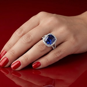 May include: A silver-toned ring featuring a large, cushion-cut deep blue sapphire center stone surrounded by a halo of small, clear, round-cut diamonds. The band is split into two delicate, diamond-encrusted shanks that meet at the center setting.
