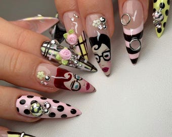 Abstract Face Press On Nails, Picasso Inspired 3D Floral Stiletto Nails, Handmade Artsy Nail Set