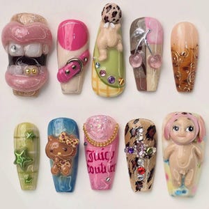 Kawaii Decora Press On Nails, Y2K Harajuku 3D Charm Nails, Maximalist Handmade Statement Nail Set