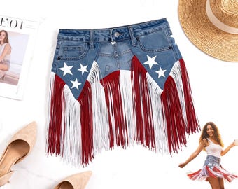 Patriotische Denim Fransen Quaste Jeansröcke, rot, weiß, blau Quaste Taille Accessoire, 4