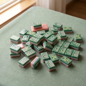 May include: A collection of rectangular mahjong tiles featuring green tops with engraved bamboo, dragon, and numerical designs, layered over pink and white bases. The tiles are scattered in a pile, displaying various symbols and characters.