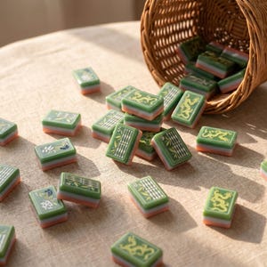 May include: A collection of rectangular mahjong tiles with green, white, and pink layered sides, featuring engraved gold dragon and bamboo designs, spilling out of a small woven wicker basket onto a textured light brown fabric surface.