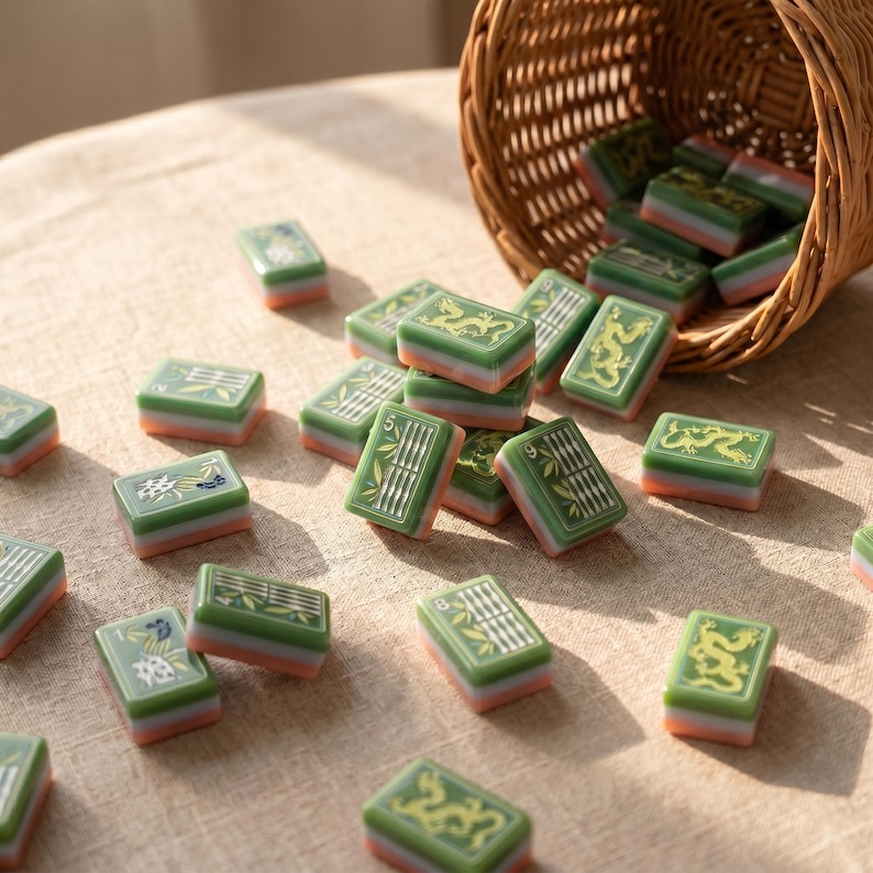 May include: A collection of rectangular mahjong tiles with green, white, and pink layered sides, featuring engraved gold dragon and bamboo designs, spilling out of a small woven wicker basket onto a textured light brown fabric surface.