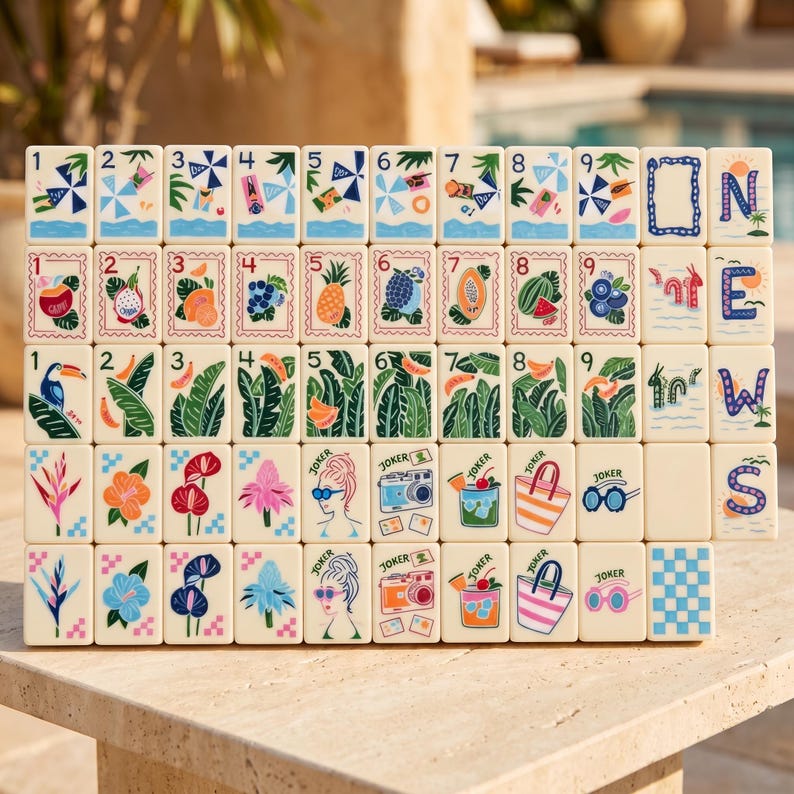 May include: A set of cream-colored mahjong tiles arranged in a grid. The tiles feature colorful illustrations of tropical fruits, flowers, beach items, and numbers one through nine. Some tiles display the word JOKER and various summer-themed icons.