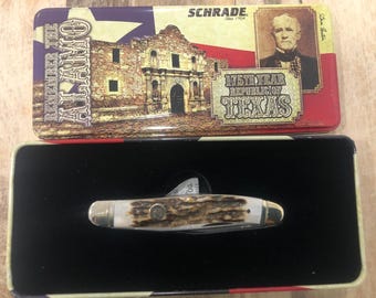 Schrade 4" stängd fällkniv med Alamo Texas 175-årsjubileum, bisamråtta
