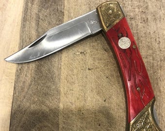 Nóż Vintage Frost Cutlery Lockback Red Worm Grooved Bone Handles Solingen Steel