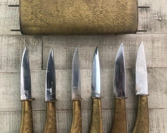 Antiker Vintage verzierter 6 Messer-Set-Messing-Halter 5022