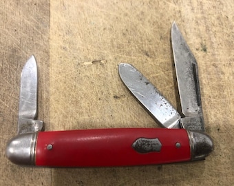Couteau impérial fabriqué aux États-Unis 1946-56, petit manche standard Stockman rouge à extrémité égale