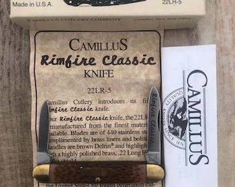 Faca vintage Camillus 1992, fabricada nos EUA, com lâmina dupla de 3-1/8" (7,9 cm) e calibre .22LR1.