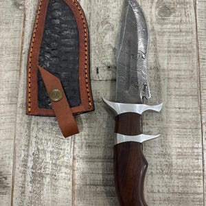Outdoor Custom Damascus 11" Sub Hilt Fixed Blade Knife, With Sheath, MINT