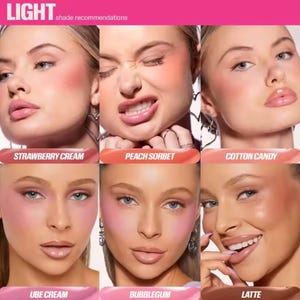 May include: A promotional image showcasing six different blush shades on various models. The shades are labeled "Strawberry Cream," "Peach Sorbet," "Cotton Candy," "Ube Cream," "Bubblegum," and "Latte." The word "LIGHT" and "shade recommendations" are at the top.