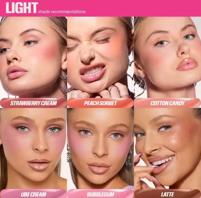 May include: A promotional image showcasing six different blush shades on various models. The shades are labeled "Strawberry Cream," "Peach Sorbet," "Cotton Candy," "Ube Cream," "Bubblegum," and "Latte." The word "LIGHT" and "shade recommendations" are at the top.