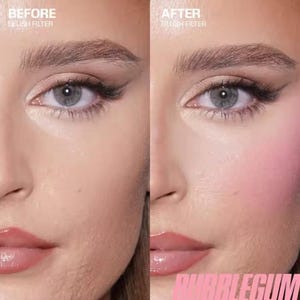 May include: A split-screen image shows a before-and-after comparison of a person's face. The left side shows the face before makeup, and the right side shows the face with pink blush applied. The word "BUBBLEGUM" is at the bottom.