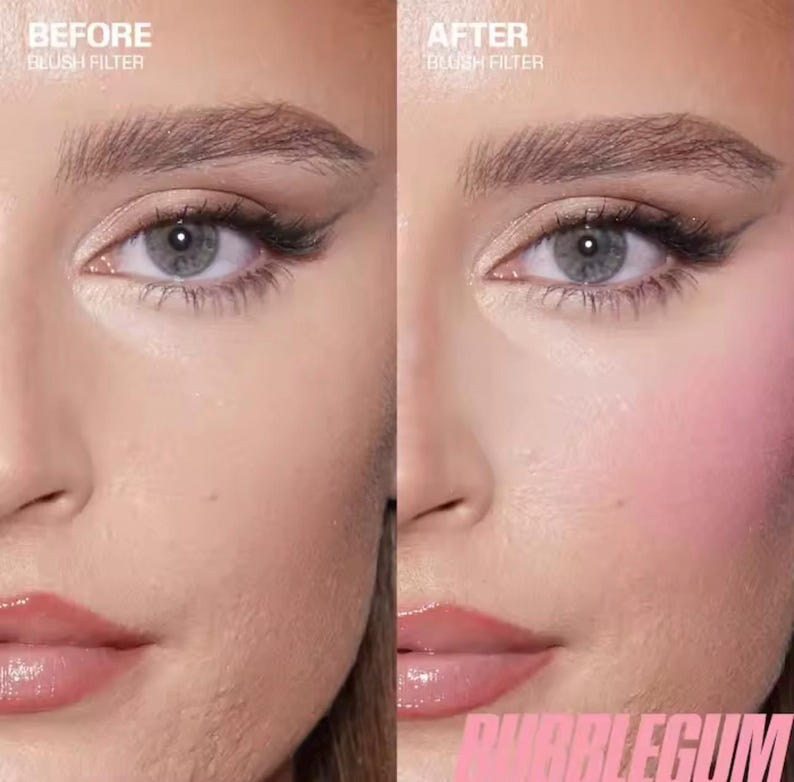 May include: A split-screen image shows a before-and-after comparison of a person's face. The left side shows the face before makeup, and the right side shows the face with pink blush applied. The word "BUBBLEGUM" is at the bottom.