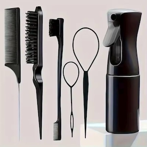 May include: A set of black hair styling tools, including combs, brushes, and a spray bottle. The tools are arranged against a light background, showcasing their sleek design and functionality for various hair styling needs.