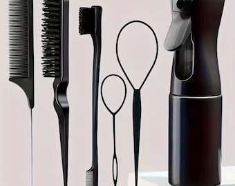 6 Piece Hair Styling Tools Set | Continuous Mist Spray Bottle, Rat Tail Comb, Teasing Brush, Edge Brush, Topsy Tail Loop | Salon Hair Kit