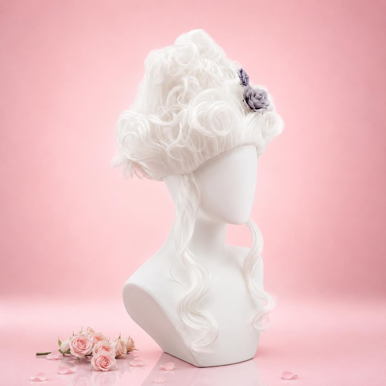 May include: A white wig with large curls and a grey rose detail is displayed on a white mannequin head and shoulders. The wig is styled in a historical fashion. Pink roses and petals are scattered on the pink background.