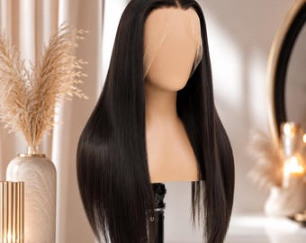 Long Straight Black Lace Front Wig for Women, Natural Looking Heat Resistant Synthetic Wig, Middle Part Everyday Cosplay Hair Wig