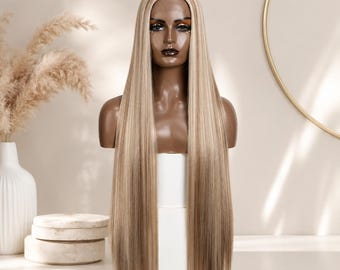 38 Inch Blonde Ombre Lace Front Wig, Long Straight Synthetic Wig for Women, Heat Resistant Cosplay Wig, Glam Anime Style Hair