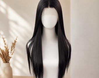 Long Straight Black Lace Front Wig, Natural Looking Synthetic Wig for Women, Heat Resistant Middle Part Wig, Realistic Everyday Cosplay Hair