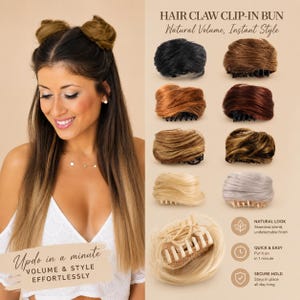 May include: A woman with long, highlighted hair, showcasing various hair claw clip-in buns in shades of black, brown, and blonde. The text reads "Hair Claw Clip-In Bun, Natural Volume, Instant Style" and "Updo in a minute, Volume & Style Effortlessly."