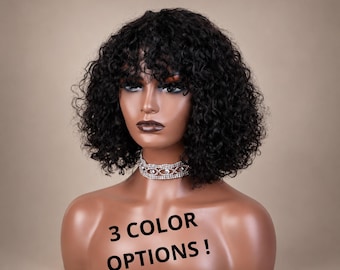 Curly Bob Wig with Bangs, Short Afro Curly Wig for Women, Natural Kinky Curly Wig, Soft Glam Synthetic Hair Wig, Voluminous Bob Wig