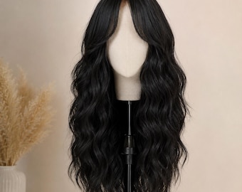 Long Wavy Black Wig with Bangs, Natural Looking Synthetic Hair Wig, Heat Resistant Daily Wear Wig for Women, Soft Layered Cosplay Wig