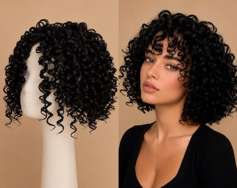Short Curly Hair Topper with Bangs, Synthetic Clip In Hairpiece for Women, Natural Looking Volumizing Crown Topper, Heat Resistant Hair