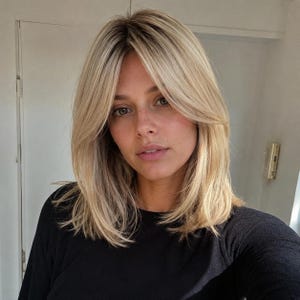 Puede incluir: Una persona con cabello rubio hasta los hombros peinado con capas que enmarcan la cara y raya a un lado. La persona lleva una camisa negra de manga larga. El cabello tiene un aspecto natural y besado por el sol.