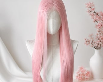 Long Pink Lace Front Wig for Women, Heat Resistant Synthetic Hair Wig, Natural Looking Wavy Pink Wig, Cosplay Party Fashion Wig