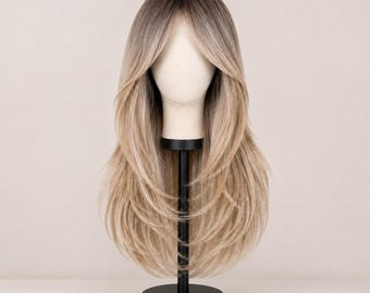 Blonde Balayage Wig with Curtain Bangs, Long Layered Ash Blonde Ombre Wig, Natural Wavy Synthetic Hair, Soft Glam Wig for Women