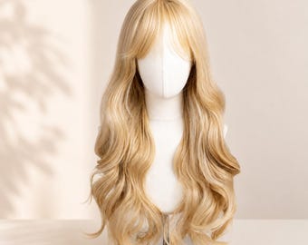 Golden Blonde Wavy Wig for Women, Long Synthetic Blonde Hair Wig, Heat Resistant Natural Looking Cosplay Everyday Wig