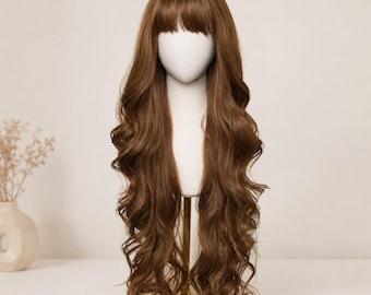 26 Inch Chestnut Brown Wavy Wig with Bangs, Long Layered Synthetic Hair Wig, Natural Looking Brown Wig for Women, Everyday Fashion Hairpiece