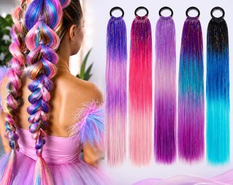 24 Inch Tinsel Ponytail Extension, Glitter Hair Extension with Elastic Tie, Festival Hair Piece, Rave Costume Accessory, Sparkly Ponytail