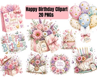 Pack d'images clipart « Joyeux anniversaire » | PNG aquarelle anniversaire | Fleurs d'anniversaire | Gâteau d'anniversaire, ballons, coffret cadeau | Usage commercial