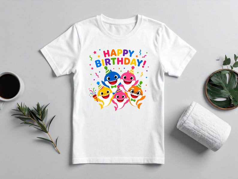 Peut inclure: T-shirt blanc avec un motif color&eacute; de requins de dessins anim&eacute;s portant des chapeaux de f&ecirc;te et le texte "HAPPY BIRTHDAY!". Le motif comprend des confettis et des serpentins, parfait pour un anniversaire.