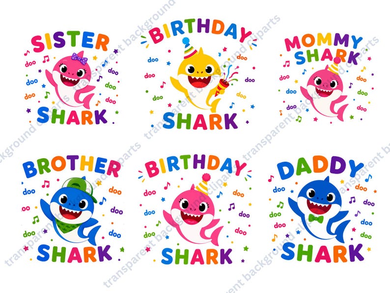 Peut inclure: Plusieurs motifs de requins de dessins anim&eacute;s color&eacute;s avec du texte. Les motifs comprennent "Sister Shark", "Birthday Shark", "Mommy Shark", "Brother Shark", "Daddy Shark" et un second "Birthday Shark". Chaque requin est d'une couleur diff&eacute;rente.