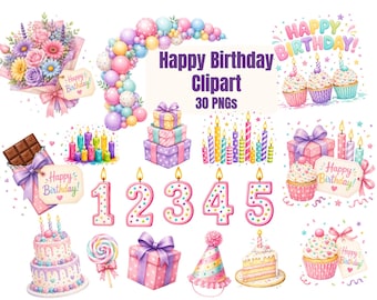 Pack d'images clipart Joyeux Anniversaire (PNG) | Clipart aquarelle Fête d'anniversaire | Ballons, gâteau, cadeaux, bougies, cupcakes | 30 PNG
